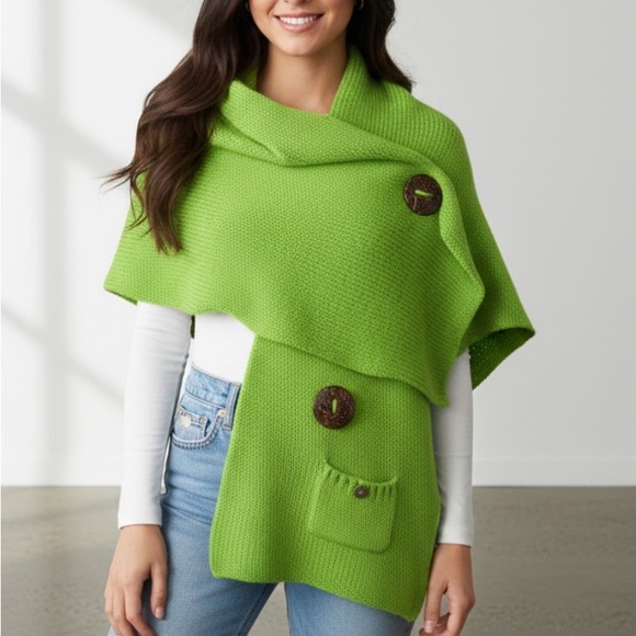 Katie Todd Sweaters - Katie Todd Neon Green Knit Shrug Wrap Scarf w/ Pockets & Wood Buttons One Size
